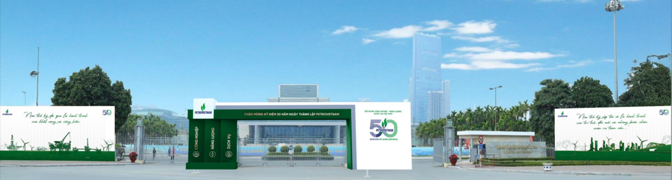 Cổng chính tại Trung tâm Hội nghị Quốc gia được trang hoàng nhân dịp kỷ niệm 50 năm thành lập Petrovietnam
