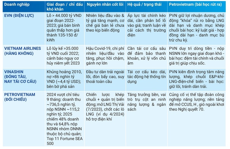 Bảng 1: So sánh các khó khăn/thất bại tiêu biểu của một số tập đoàn/đơn vị trong nước so với Petrovietnam trong 15 năm qua.