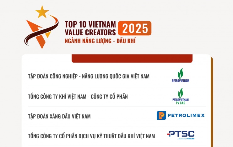 Petrovietnam và 7 đơn vị thành viên trong Top 10 Doanh nghiệp tạo giá trị hàng đầu Việt Nam 2025, ngành Năng lượng – Dầu khí