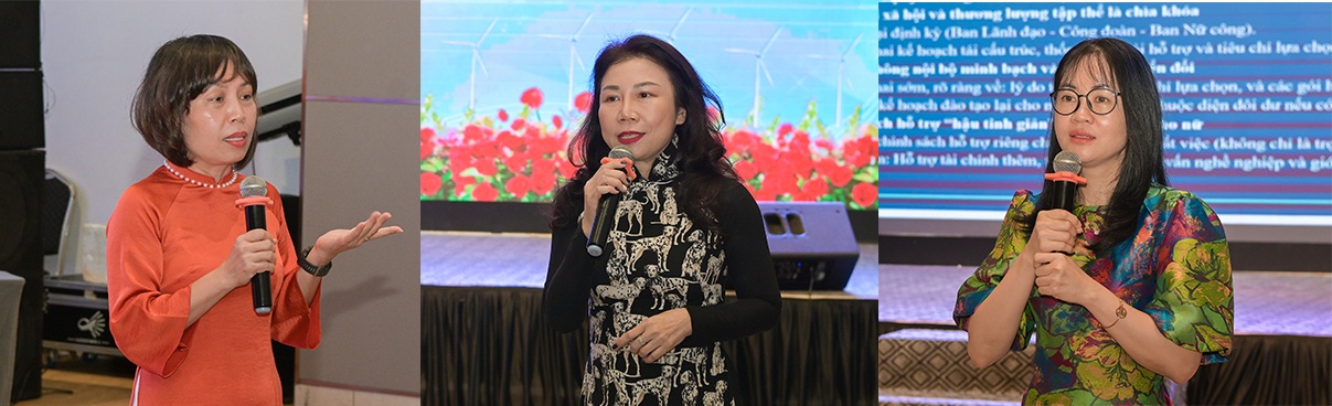 Các nữ công đoàn viên trao đổi, chia sẻ những mô hình, sáng kiến và câu chuyện thực tiễn trong quá trình công tác tại đơn vị