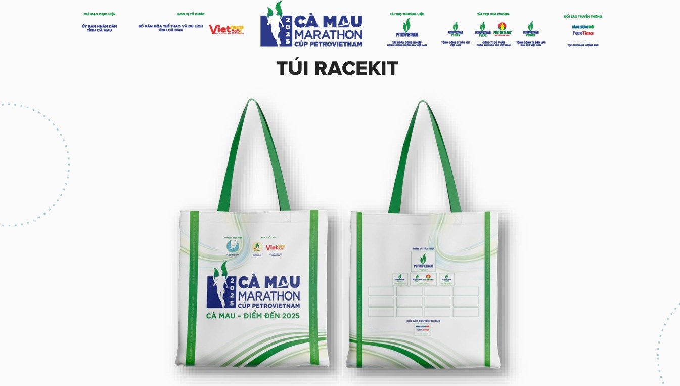 Túi Race Kit in hình biểu trưng giải, thân thiện môi trường, giúp vận động viên tiện dụng trong suốt hành trình.