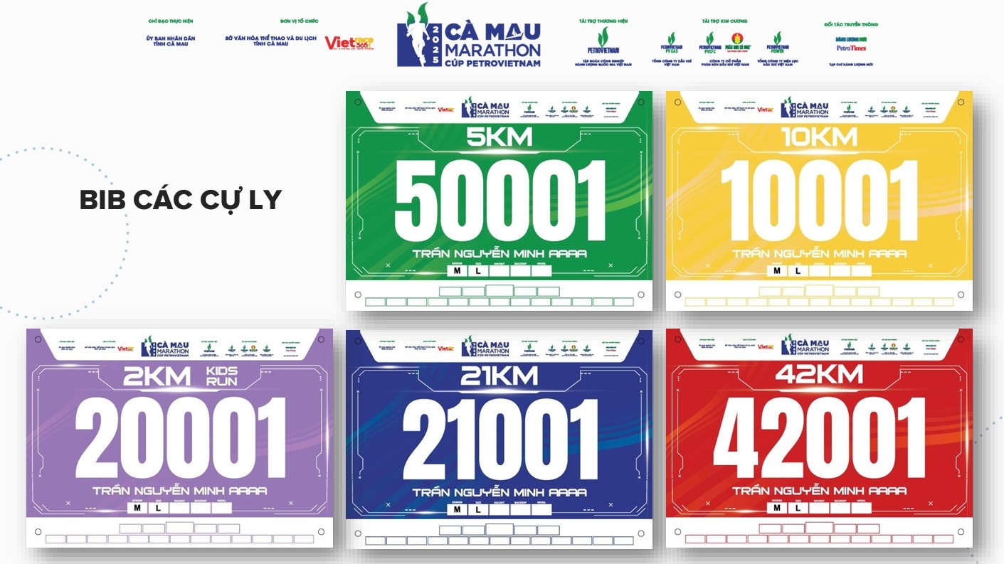 Số Bib thi đấu được in theo từng cự ly với mã màu riêng.