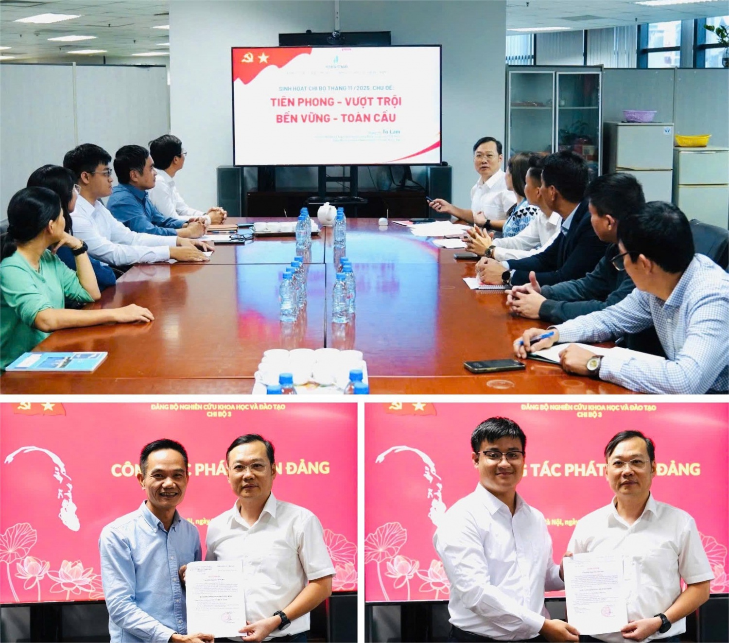 Đồng chí Bùi Trí Tâm - Bí thư Chi bộ 3 trao quyết định công nhận đảng viên chính thức cho đồng chí Nguyễn Trung Quân và đồng chí Phạm Duy Phương