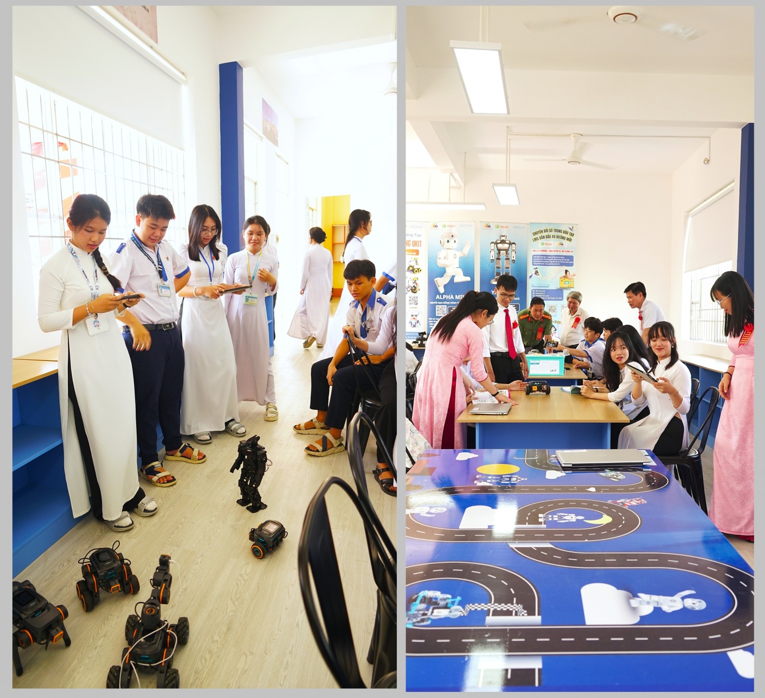 Các em học sinh say sưa bên những bộ robot lập trình.