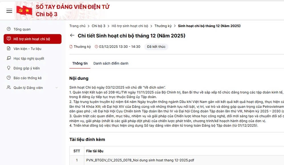Chi bộ 3 Đảng bộ NCKH&ĐT sử dụng ứng dụng Sổ tay đảng viên điện tử trong kỳ sinh hoạt chi bộ tháng 12/2025.