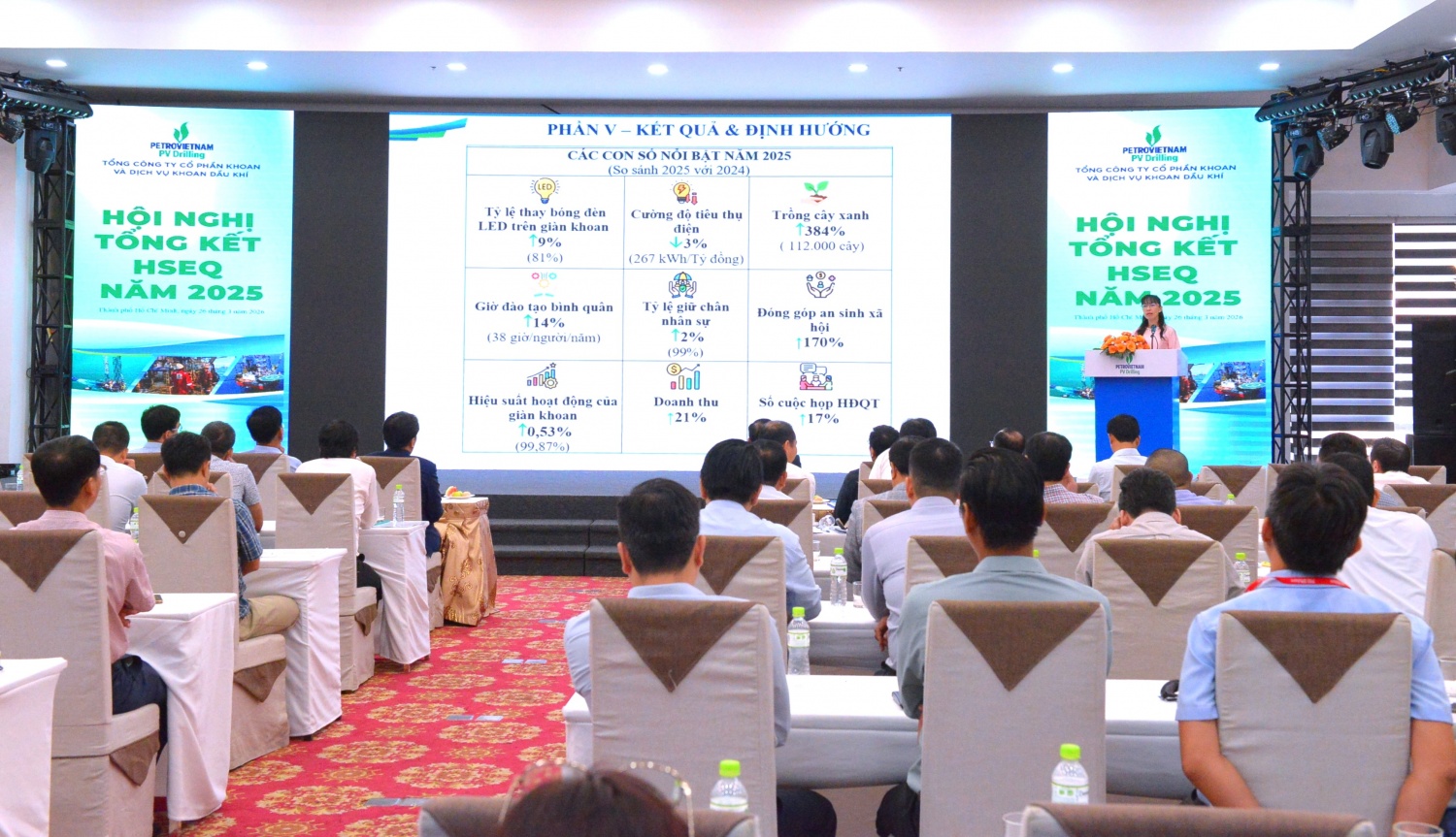 Ban Công nghệ - An toàn Chất lượng và Phát triển bền vững Tổng công ty trình bày tham luận “Hành trình xây dựng và chuẩn hóa công tác phát triển bền vững tại PV Drilling”.