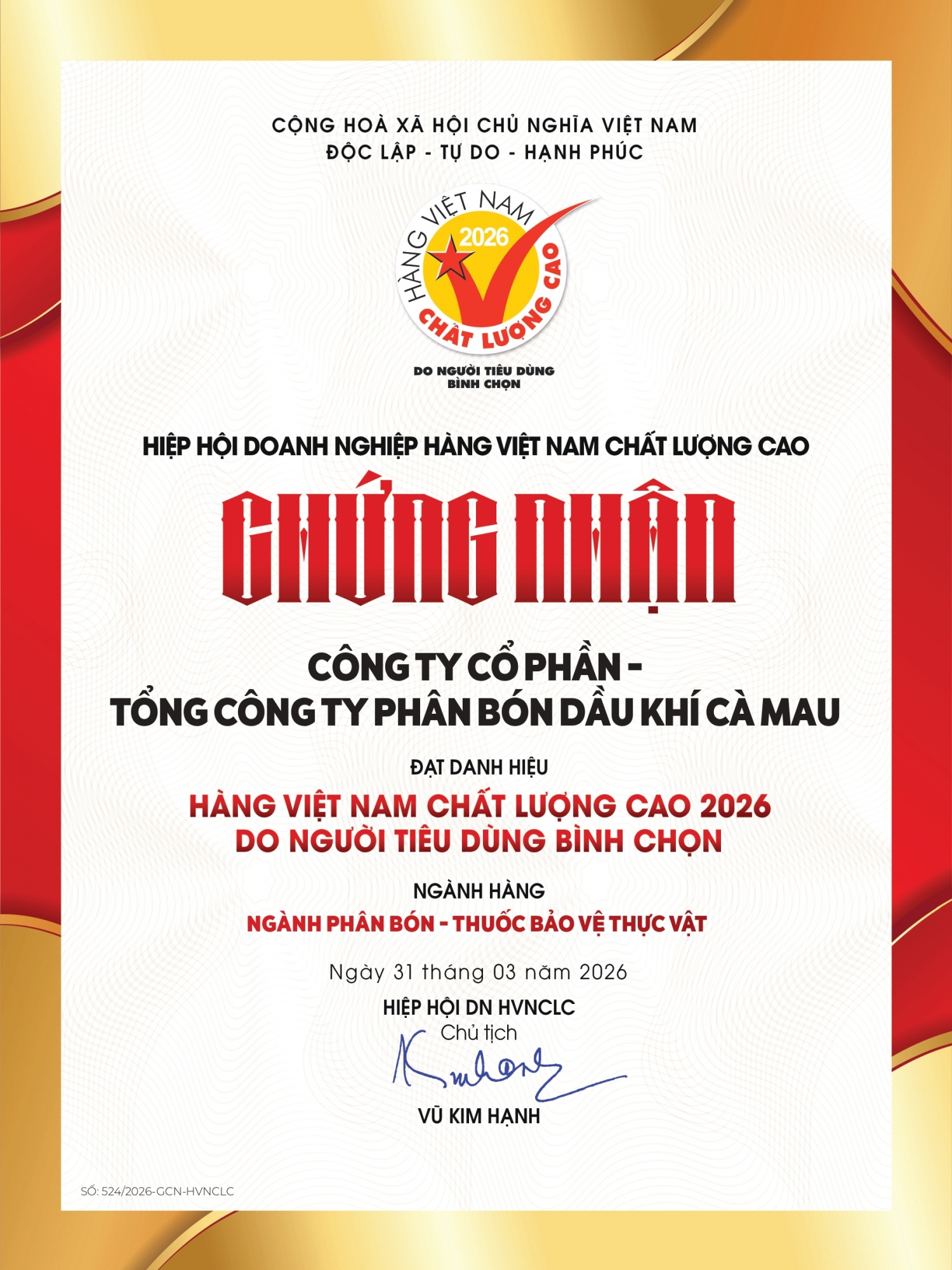 Phân bón Cà Mau giữ vững danh hiệu Hàng Việt Nam chất lượng cao năm 2026.			