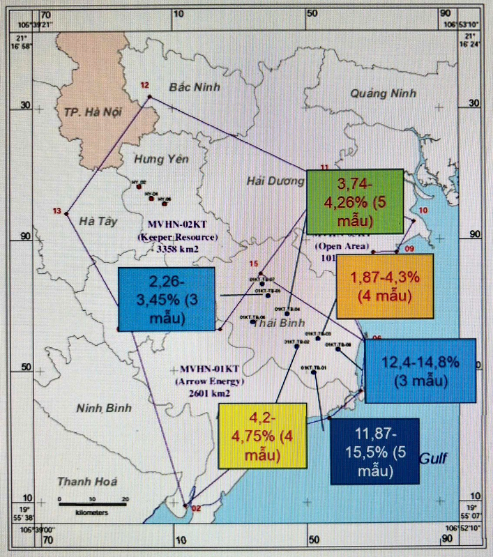 Sơ đồ miền võng Hà Nội và vị trí các phát hiện hydro trắng khi khoan thăm dò khí than (LH Nga, 2022).