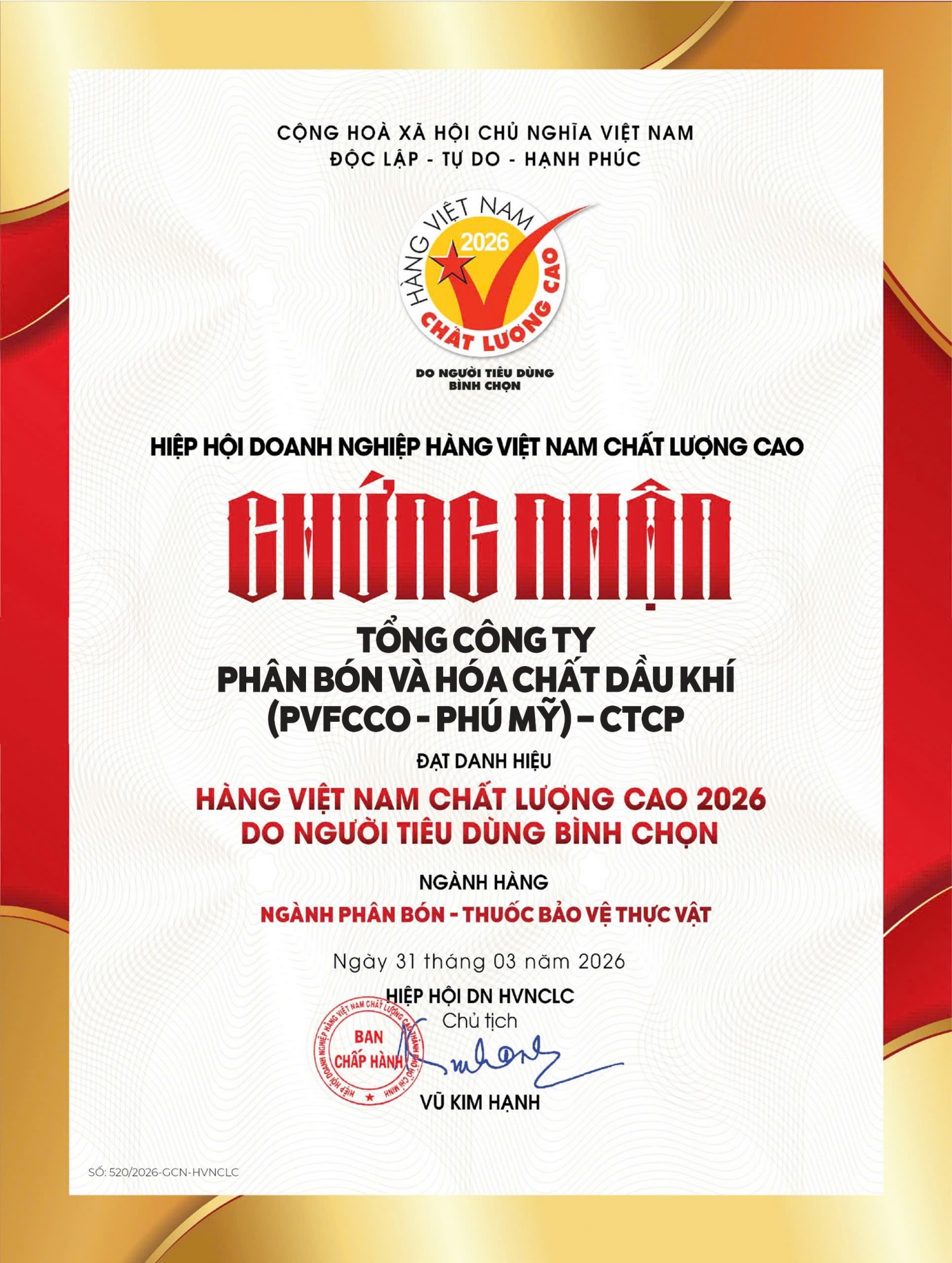 Năm 2026 là năm thứ 23 liên tiếp PVFCCo - Phú Mỹ đạt danh hiệu “Hàng Việt Nam chất lượng cao do người tiêu dùng bình chọn”.