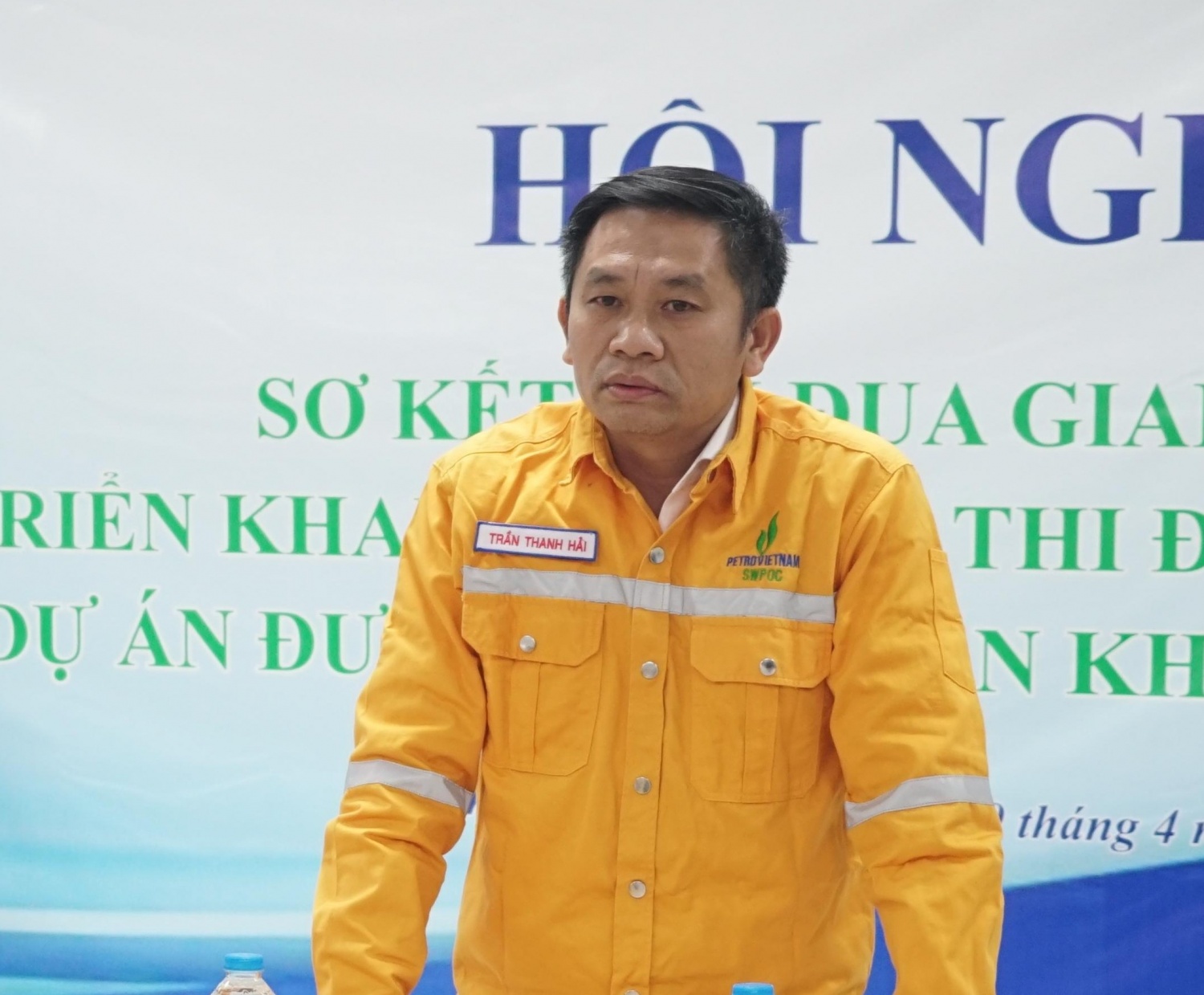 Đồng chí Trần Thanh Hải - Tổng Giám đốc SWPOC phát biểu tại Hội nghị sơ kết thi đua giai đoạn 2 và triển khai thi đua giai đoạn 3 của Dự án đường ống dẫn khí Lô B - Ô Môn.