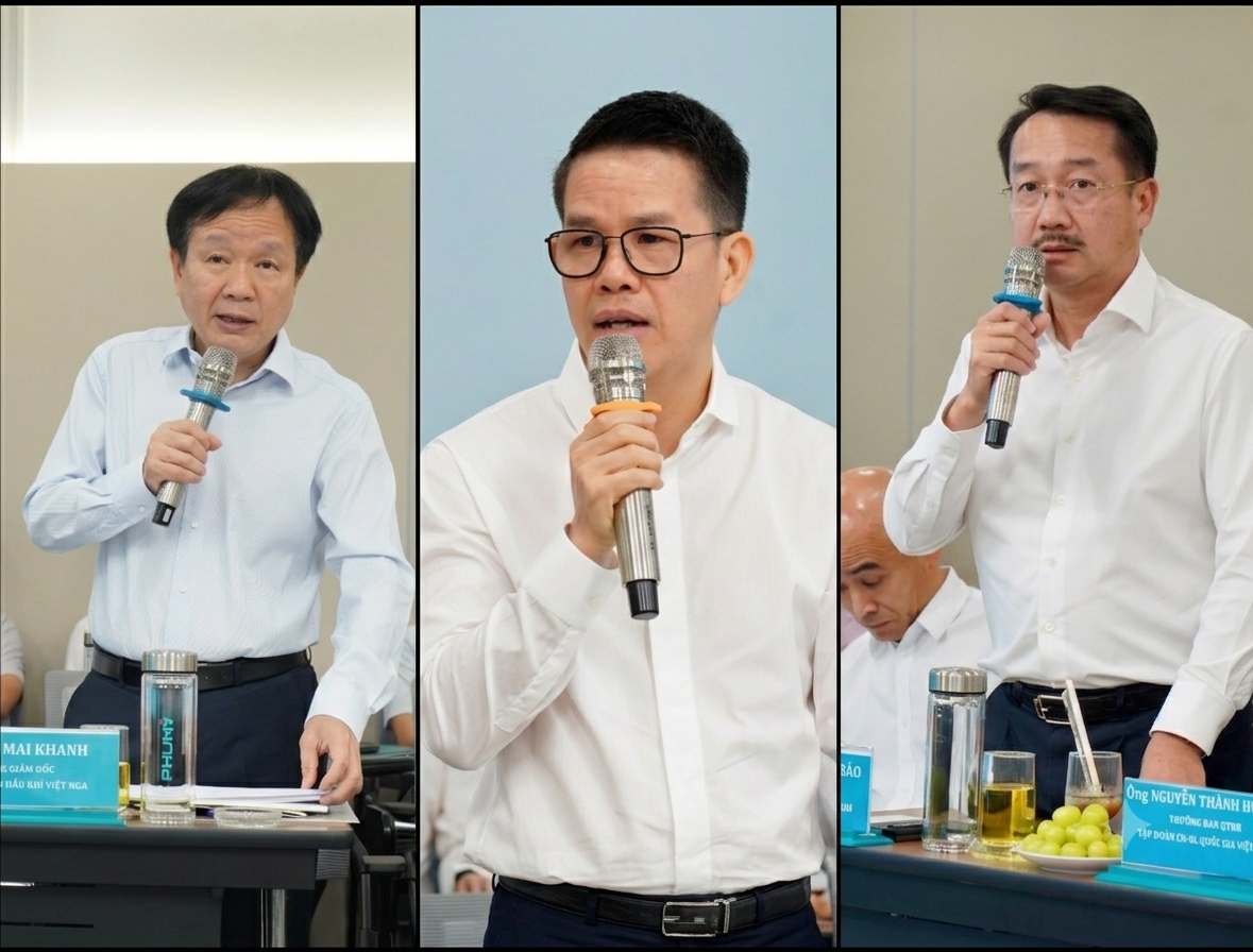 Từ trái sang: Tổng Giám đốc Vietsovpetro Vũ Mai Khanh; Tổng Giám đốc PV GAS Phạm Văn Phong; Tổng Giám đốc PVEP Nguyễn Thiện Bảo thông tin và thảo luận tại buổi làm việc