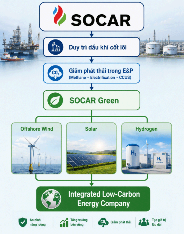 Lộ trình chuyển đổi của SOCAR từ Công ty Dầu khí Quốc gia (National Oil Company – NOC) sang Doanh nghiệp Năng lượng Tích hợp Phát thải Carbon Thấp (Integrated Low-Carbon Energy Company). Đồ họa: Tác giả tổng hợp từ tài liệu SOCAR và Baku Summer Energy School 2026.