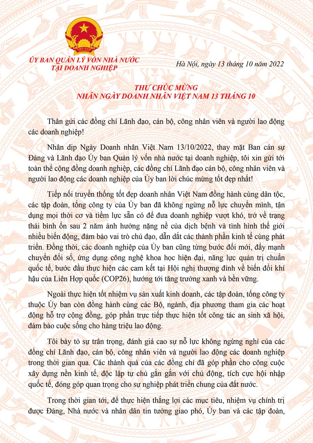 Thư chúc mừng của Chủ tịch Ủy ban Quản lý vốn nhà nước tại doanh nghiệp nhân Ngày Doanh nhân Việt Nam 13/10